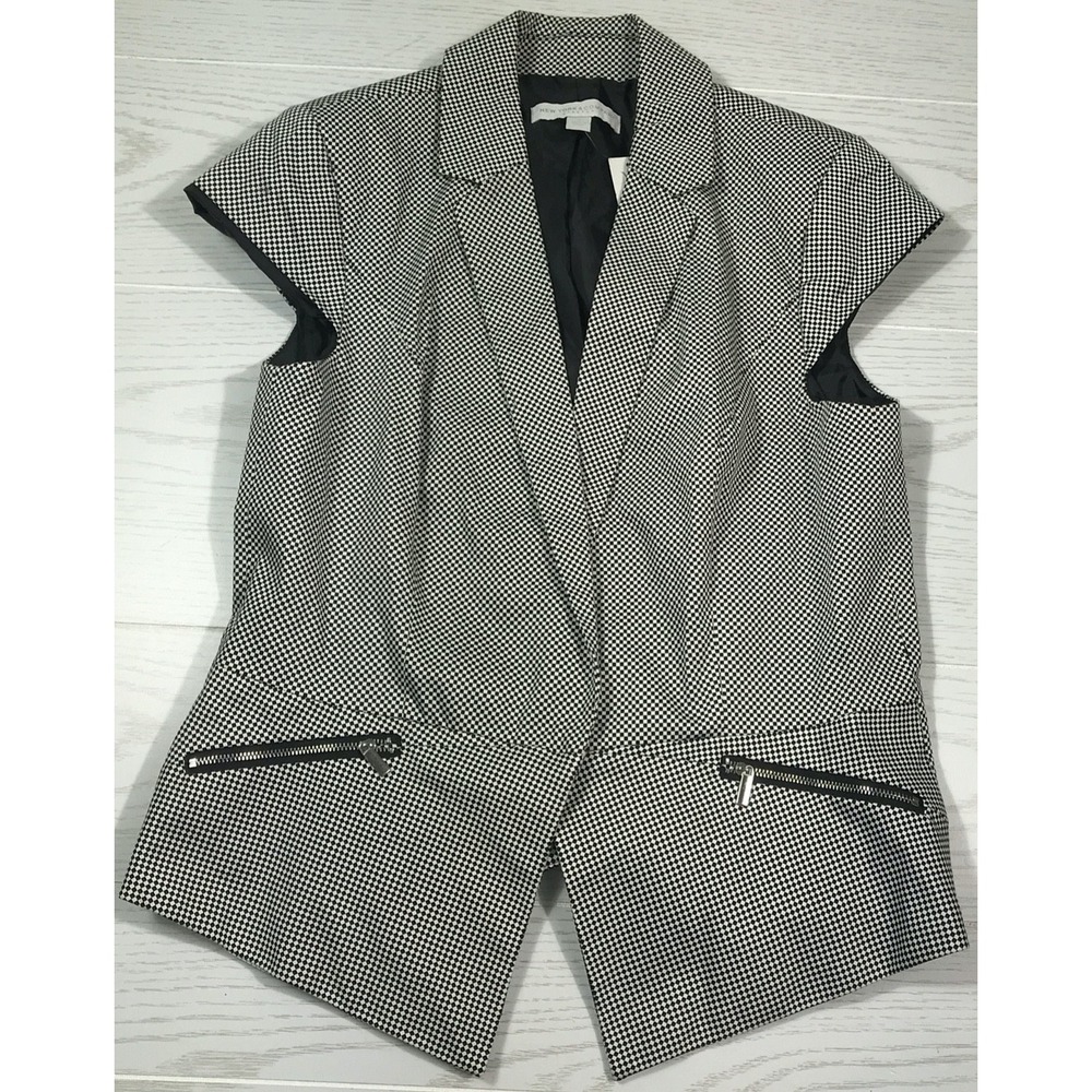 New York & Company Blazer Vest Women 12 Check Zip Pockets Lined Sleeveless New